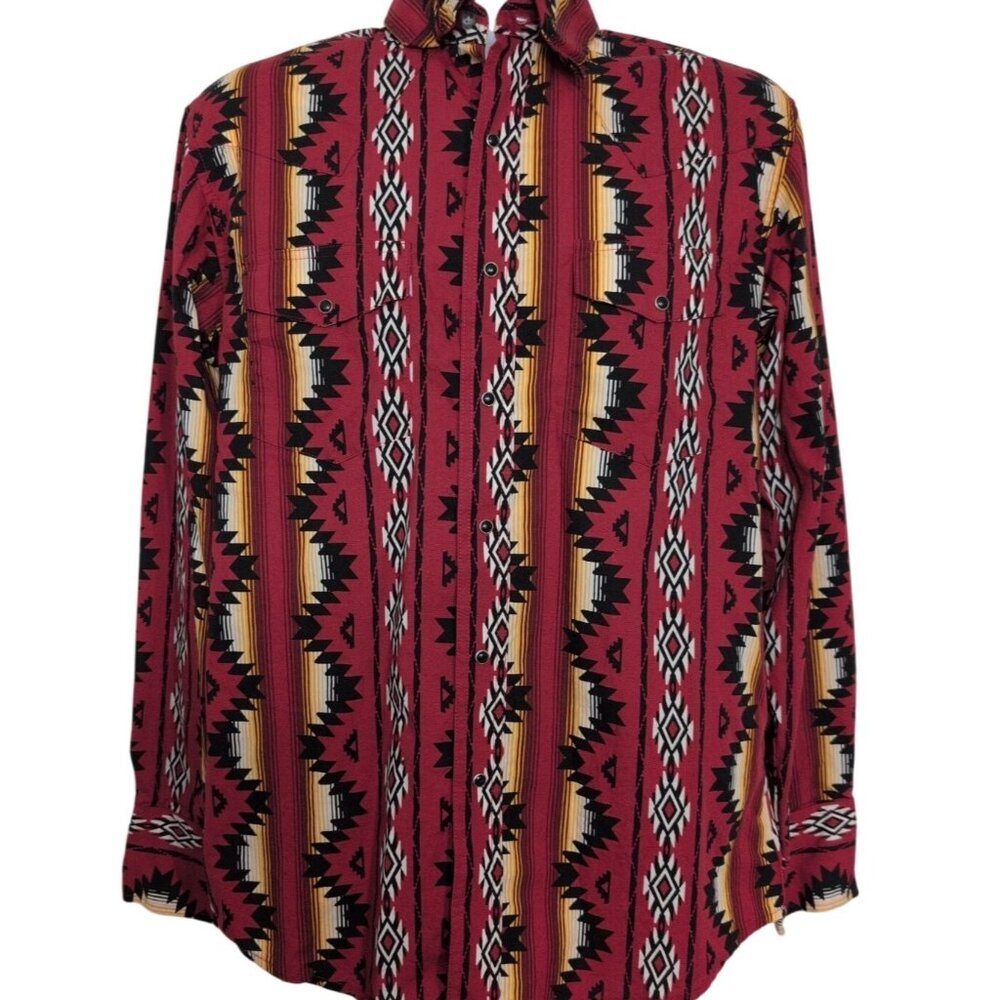 Wrangler Western Checotah Shirt Mens Size Medium Red Aztec Geometric Cowboy Rode